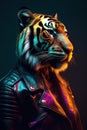 Image of stylish cool tiger as fashion and wore a leather jacket. Modern fashion, Animals, Illustration, Generative AI