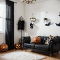 Stylish room interior with creative Halloween decor