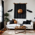 Stylish room interior with creative Halloween decor