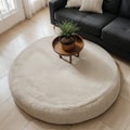 Stylish rug on floor in living room above view