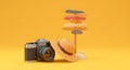 travel essentials on yellow backdrop, summer theme Royalty Free Stock Photo