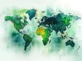 The image is a stylized world map, combining green continents with circuit-like patterns in blue and yellow backdrop