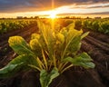 The sugar beet field is glowing in the golden hour.