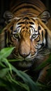 Image Sumatran tiger stealthily stalking prey in the dense jungle closeup Royalty Free Stock Photo