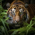 Image Sumatran tiger stealthily stalking prey in the dense jungle closeup Royalty Free Stock Photo