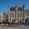 Tour guide and tourists on cart and horse on `Burg` square in Bruges, Belgium