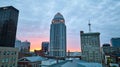 Sun coming up over Louisville Kentucky aerial city downtown at dawn sunrise Royalty Free Stock Photo