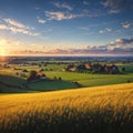 Sunny day over the golden field. Nature backgraund, copy space on sky. Nature and agriculture concept. Royalty Free Stock Photo