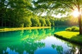 Sunny windy summer day on a forest lake. A narrow strip of the sandy shore of the lake. Blue sky with big