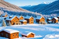 sunny winter idyllic village in the mountains with cozy colorful houses and lots of snow made with