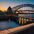 Sunset at Opera house and Harbour bridge in Sydney, New South Wales state of Australia. made with Generative AI Royalty Free Stock Photo