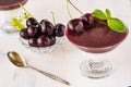 Superbly cooked panna cotta with cherry jelly in glasses