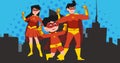 Image of superhero family together on blue background Royalty Free Stock Photo