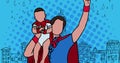 Image of superhero family together on blue background Royalty Free Stock Photo