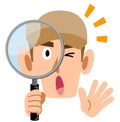 Surprised worker peeking through a magnifying glass, staff man