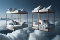 image of a surreal canopy bed, suspended on a giant white fluffy cloud