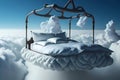 image of a surreal canopy bed, suspended on a giant white fluffy cloud