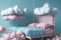 image of a surreal canopy bed, suspended on a giant white fluffy cloud