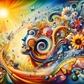 image of surrealism fantastic swirling imagination music flowers sunny happiness joyful journey beautiful life.