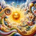 image of surrealism fantastic swirling imagination music flowers sunny happiness joyful journey beautiful life.