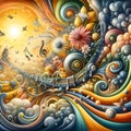 image of surrealism fantastic swirling imagination music flowers sunny happiness joyful journey beautiful life.