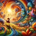 image of surrealism fantastic swirling imagination music flowers sunny happiness joyful journey beautiful life.