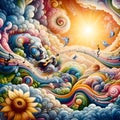 image of surrealism fantastic swirling imagination music flowers sunny happiness joyful journey beautiful life.