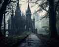 The surroundings of a gloomy Gothic castle.