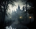 The surroundings of a gloomy Gothic castle.