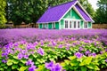 The symbol of the house on the background of purple violets made with Generative AI Royalty Free Stock Photo