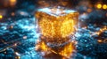 Exploring the Future of Blockchain Technology with a Glowing Yellow Block Above it