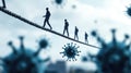 Silhouetted figures walk a tightrope surrounded by large virus particles, AI Royalty Free Stock Photo