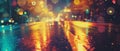 An image taken close to the wet asphalt surface in the middle of an empty street at night. Brightly lit road Royalty Free Stock Photo