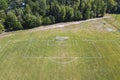 Aerial/drone view of soccer/football field net at a sports field complex in Ontario, Canada. Royalty Free Stock Photo