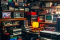 retro gaming setup with classic consoles and vintage objects