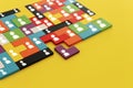 Image of tangram puzzle blocks with people icons over wooden table ,human resources and management concept