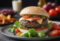 In this image, a tasty hamburger is presented on a plate, accompanied by fresh and bright vegetables.