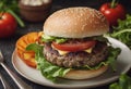 In this image, a tasty hamburger is presented on a plate, accompanied by fresh and bright vegetables.