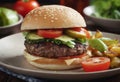 In this image, a tasty hamburger is presented on a plate, accompanied by fresh and bright vegetables.