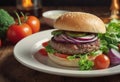 In this image, a tasty hamburger is presented on a plate, accompanied by fresh and bright vegetables.