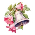 Tea party bell on a pink hibiscus branch with flowers watercolor illustration, tea party clipart