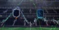 Image of team emblems and globe with graphs and data processing over sports stadium Royalty Free Stock Photo