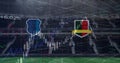 Image of team emblems with graphs and data processing over sports stadium Royalty Free Stock Photo