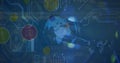 Image of tech icons, globe and motherboard on blue digital screen Royalty Free Stock Photo