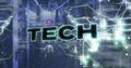 Image of tech text with computer language and navigation pattern over server room