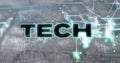 Image of tech text over data processing and connections