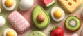 Image technology presents healthy food: cheese, egg, avocado, tomato, and fruit Royalty Free Stock Photo