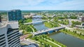 Tents on bridge over Scioto River aerial downtown buildings from Columbus Ohio Royalty Free Stock Photo