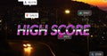 Image of text high score, with social media notifications over city at sunset Royalty Free Stock Photo