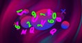 Image of text huge sale, with colourful letters and numbers, over swirling dark pink and blue